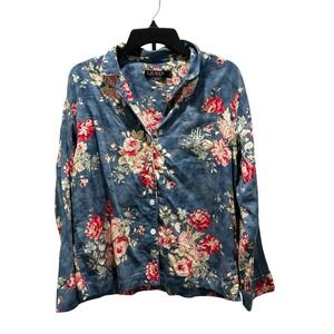 Lauren Ralph Lauren WomenBlue Floral Pajama Shirt Monogram Size L Cottage Core